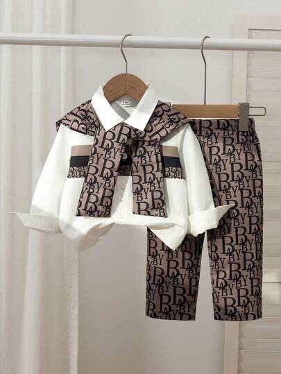 SHEIN Bộ 3 món cho bé trai, áo mưa thường ngày đa năng thoải mái, áo sơ mi dài tay kẻ sọc và quần cạp chun, thích hợp cho đi làm, đi học, đi chơi, đi nghỉ mát, đám cưới và các dịp khác, size 6 tháng - 3 tuổi, quần áo trẻ em, quần áo trẻ sơ sinh, áo trẻ nhỏ, quần trẻ nhỏ