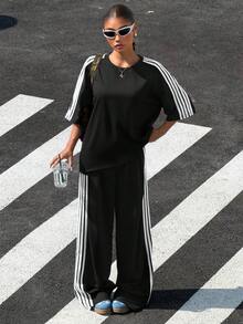 SHEIN Muchic 2pcs/Set Plus Size Contrast Color Block Round Neck Short Sleeve Top And Pants - Black and White - View 6
