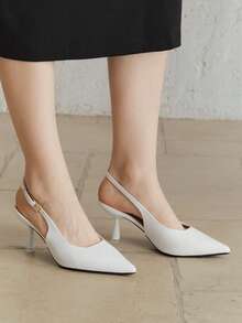 2025秋冬新款女士白色法式尖头休闲凉鞋，细跟设计，后跟露趾，搭扣绑带，舒适优雅高跟鞋，优雅女士浅口鞋 - 白色 - 查看 5