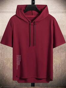 Manfinity Homme Plus Size Men's Casual Letter Graphic Drawstring Hooded Short Sleeve T-Shirt, Summer - Burgundy - View 1