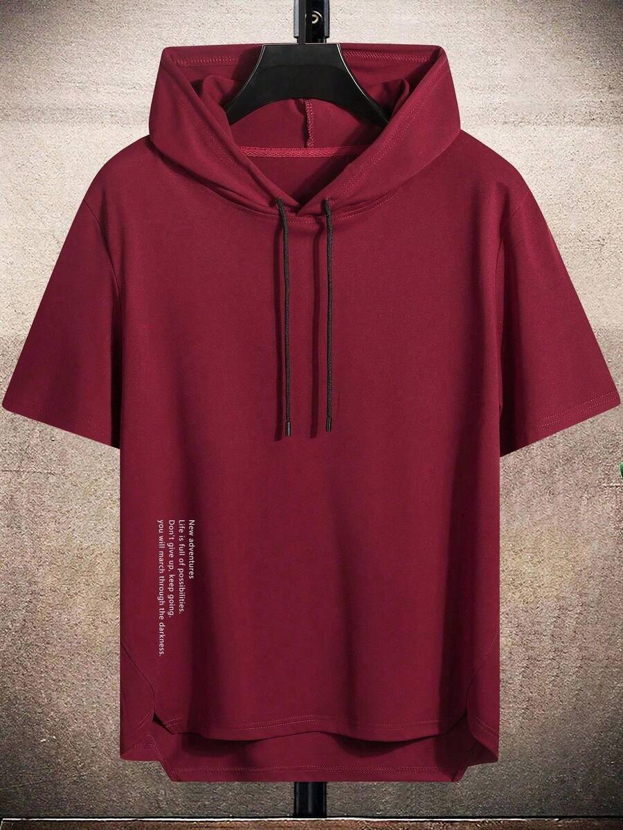 Manfinity Homme Plus Size Men's Casual Letter Graphic Drawstring Hooded Short Sleeve T-Shirt, Summer - Burgundy - View 1