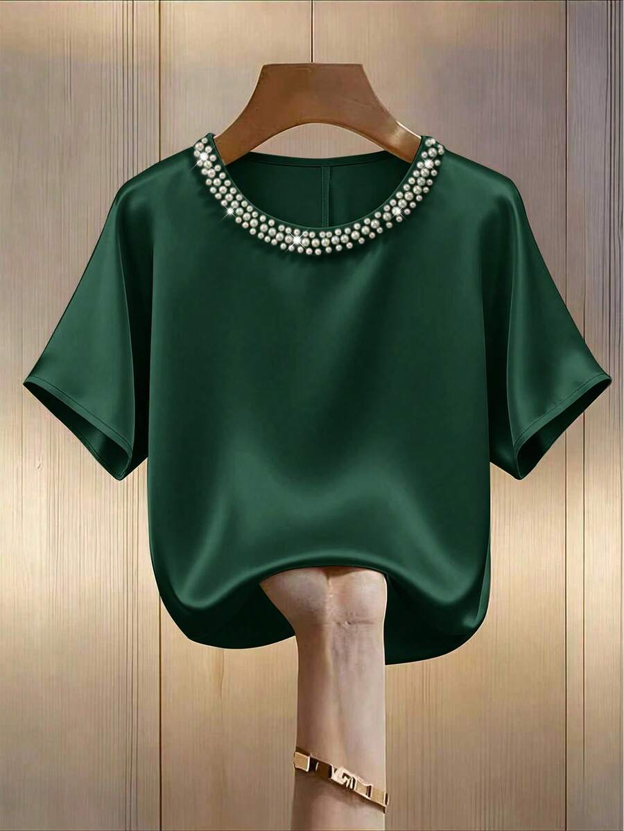 GlowEve CURVE 加码仿珍珠串珠缎面衬衫 - 綠色 - 查看 1