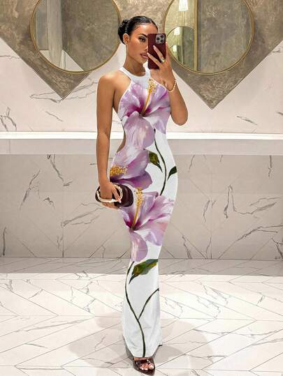 Slaydiva New Spring/Summer Round Neck Sleeveless Backless Long Fitted Dress/Elegant/Vacation/Boho/Suitable For Everyday Wear/ Shopping/Party/ Travel/Airport Outfits/Brunch Outfits/Vacations/Beachwear/Wedding Season/Dates/Wedding Guest Attire/Cruise Travel/Fashion Influencer Style/Hot Girl Style/Influencer's Choice/Flora Graphic Print