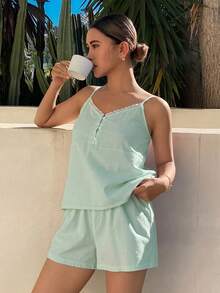 DAZY 2pcs Vacation Style Striped Contrast Ruffle Trim Camisole And Shorts Pajama Set For Women Summer - Green - View 3