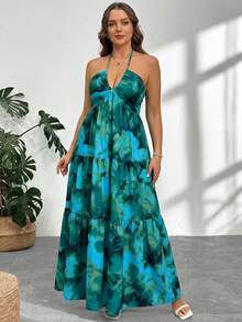 Firerie Plus Size Casual Vacation Floral Print Halter Neck Dress - Green - View 4