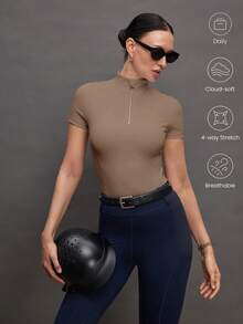 Activina 女士纯色拉链短袖马术上衣 - 卡其色 - 查看 8