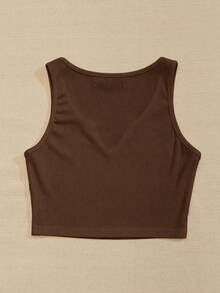 SHEIN PariChic Women's Summer Casual Commuting Minimalist Solid Color Ribbed Knit Notch Neck Cropped Tank Brown Top - Brown - View 2