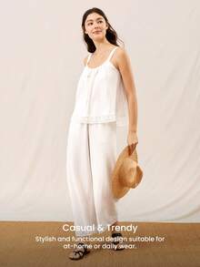 Summer Airy White Linen Reversible Lounge Set Lace-Trimmed Camisole & Wide-Leg Pants Lightweight Breathable Summer Wear - Beige - View 11