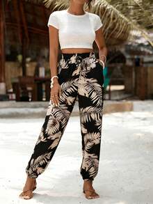 EMERY ROSE Plus Size Women Casual Tropical Print Paper Bag Waist Pants Fall - Multicolor - View 3