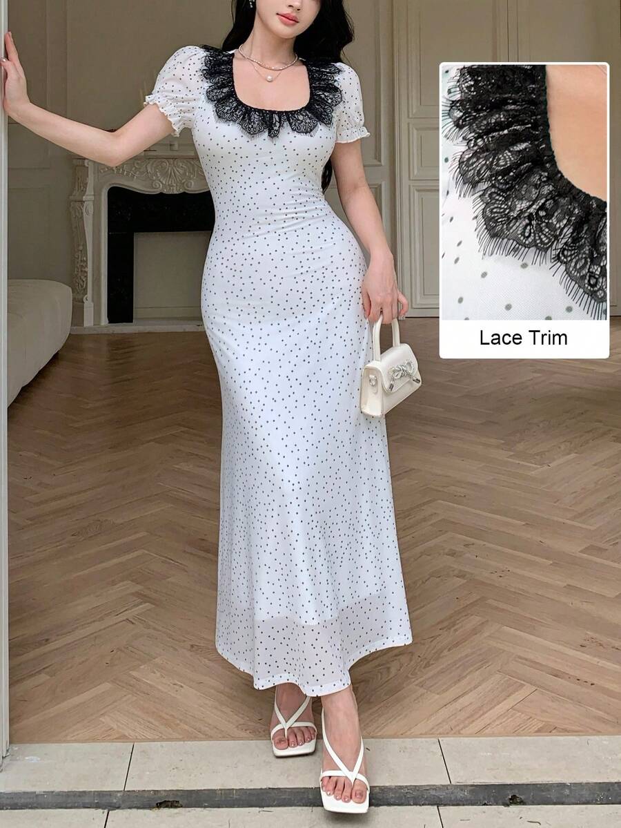 Modelyn Đầm midi mùa hè thanh lịch kiểu Pháp, chất liệu lưới trắng chấm bi phối ren xếp nếp, dành cho nữ. - Đen và trắng - Xem 1