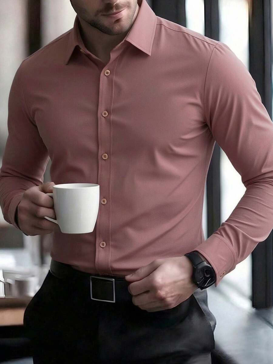 Manfinity Mode 男士紫红色长袖休闲商务衬衫 男士正装衬衫 优雅男士衬衫 男士时尚衬衫 奢华男士正装衬衫 - 藕粉色 - 查看 1