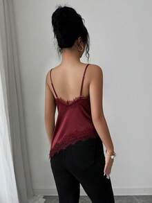 Rafferiza 女士纯色优雅法式蕾丝拼接吊带背心，夏季 - 中紫紅色 - 查看 2