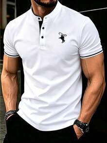 Manfinity Mode Áo polo nam tay ngắn cài cúc phía trước, kiểu dáng thường ngày, mùa hè. - trắng - Xem 1