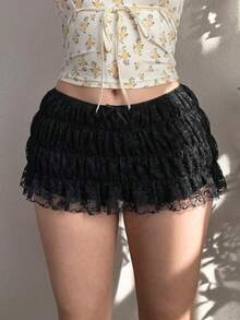 EgrlEra French Ballet Style Bow Tie Low Waist Lace Mini Skirt, Pleated A-Line Vintage Versatile Cake Skirt For Women - Black - View 1