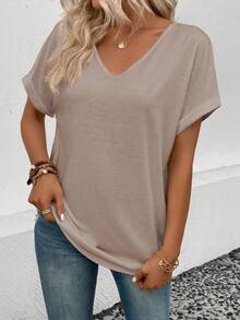Selamara Women's V-Neck Turnover Cuff Short Sleeve Casual All-Match T-Shirt, Spring/Summer - Khaki - View 6