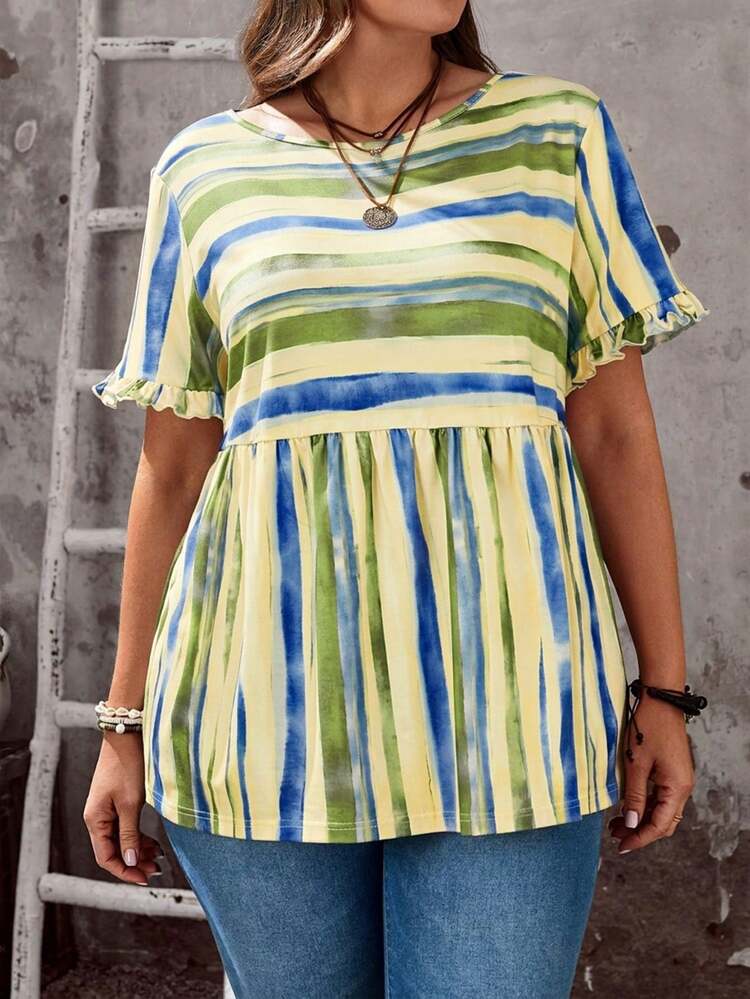 Plus Size Women's Casual Vacation Round Neck Short Sleeve Ruffle Sleeve Colorful Striped T-Shirt Blouse