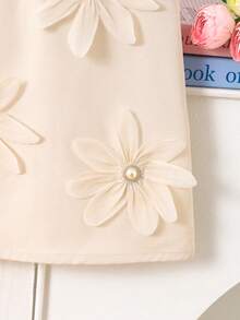 Elladie kids Young Girls Elegant Dress With Bow Decor Handbag, Puff Sleeve Big Bow 3D Flower Design Dress Suitable For Casual, Holiday, Party Occasions - Apricot - View 6