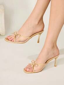 CUCCOO CHICEST Damen Mode Quadratische Zehenkappe Klassische Mesh Schleife Sexy Abend Party Stil Einfache Rückseite Stiletto High Heel Sandalen - Gold - Übersicht 2