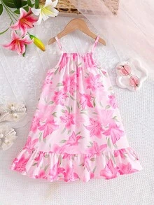 SHEIN Elladie kids 女童梭织面料花卉数码印花荷叶边吊带连衣裙，适合夏季日常穿着、外出、旅行、度假和聚会。 - 粉色 - 查看 2
