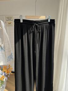 Comfortcana Quần ống rộng kẻ sọc đen trắng, kiểu dáng thường ngày, có dây rút, phù hợp cho mùa thu/đông. - màu đen - Xem 6