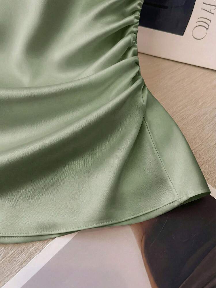 Franclia Blusa elegante de mujer con cuello redondo, ajuste en la cintura, plisada, de manga corta, versátil, de color melocotón claro sólido - Verde Oliva - Añade 5