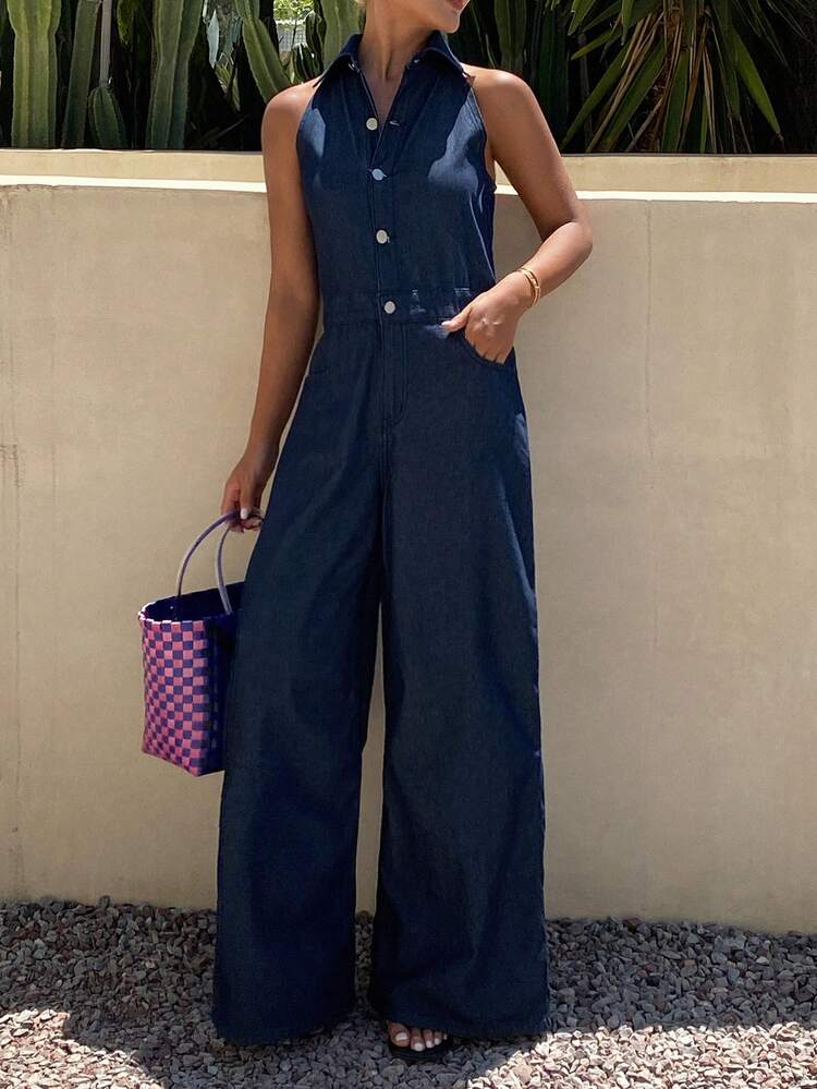 Livesso Áo liền quần denim nữ kiểu dáng thường ngày, có túi. - Rửa trung bình - Xem 5
