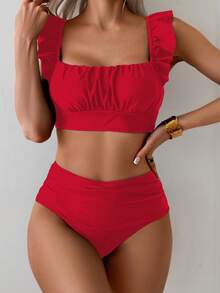 Swim Basics 2-Piece Women Summer Beach Holiday Solid Color Ruffle Strap Pleated Crop Top And High Waisted Ruched Bikini Bottoms - Red - View 4