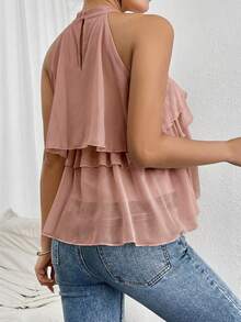 Firerie Loose Neck Ruffle Asymmetrical Chiffon Blouse,Summer Top - Dusty Pink - View 8