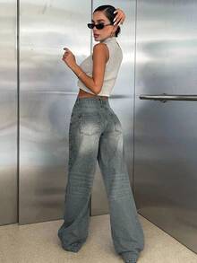 CasuGlow 100% Cotton LOW RISE WIDELEG CUT VINTAGE WASH Y2K STYLE JEAN - Medium Wash - View 2