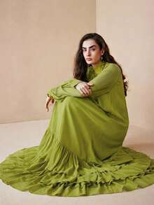 Arave Đầm dài bằng chiffon dáng rộng thanh lịch dành cho nữ, cổ đứng và viền bèo nhún, thích hợp cho các buổi hẹn hò. - Màu Mù tạt vàng - Xem 7