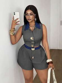 Maweii Plus Size Summer Casual Commuting Contrast Color Collar Sleeveless Top And Shorts 2 Pieces Set - Grey - View 4