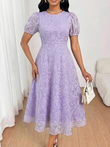 SHEIN Lady 女士镂空圆领花瓣袖中长连衣裙 - 淡紫色 - 查看 4