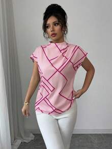 Elenzga Women's Spring/Summer Casual Elegant Mandarin Collar Asymmetric Geometric Digital Print Short Sleeve Blouse Blouse For Women Elegant Classy Pink Gingham Latest Tops For Women New Arrivals Elegant Top For Woman Pink Scarf Top Hot Pink Business Casual Women Tops Geometric Print Top Pink Blouse Women - Pink - View 6
