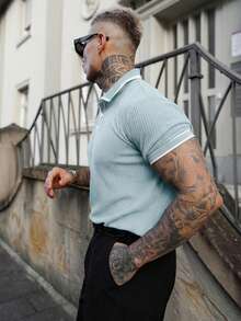 Artur Kramer European & American Style Men's Casual Contrast Color Polo Shirt With Turndown Collar And Buttons, Short Sleeve, Summer - Mint Blue - View 6
