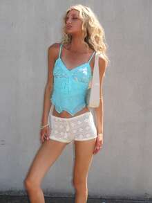 Sydney Algeri Solid Color Lace Patchwork Tie-Knot Casual Vacation Shorts,Low Rise Shorts,Comfy Shorts - Apricot - View 6