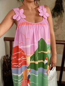 Travachic Plus Size Colorful Floral Print Sleeveless Dress - Green - View 6