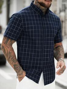 Manfinity CasualCool Áo sơ mi nam tay ngắn kẻ caro xanh dương, kiểu dáng thường ngày, công sở, dáng rộng. - Màu xanh lam - Xem 4