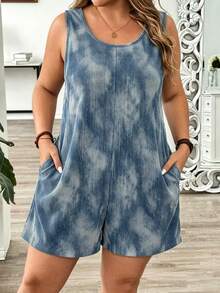 SHEIN LUNE Bộ jumpsuit nữ cỡ lớn kiểu dáng nghỉ hè, chất liệu giả denim kẻ sọc, cổ tròn, có túi, phù hợp cho du lịch, kỳ nghỉ, mùa hè và mặc hàng ngày. - Màu xanh lam - Xem 1