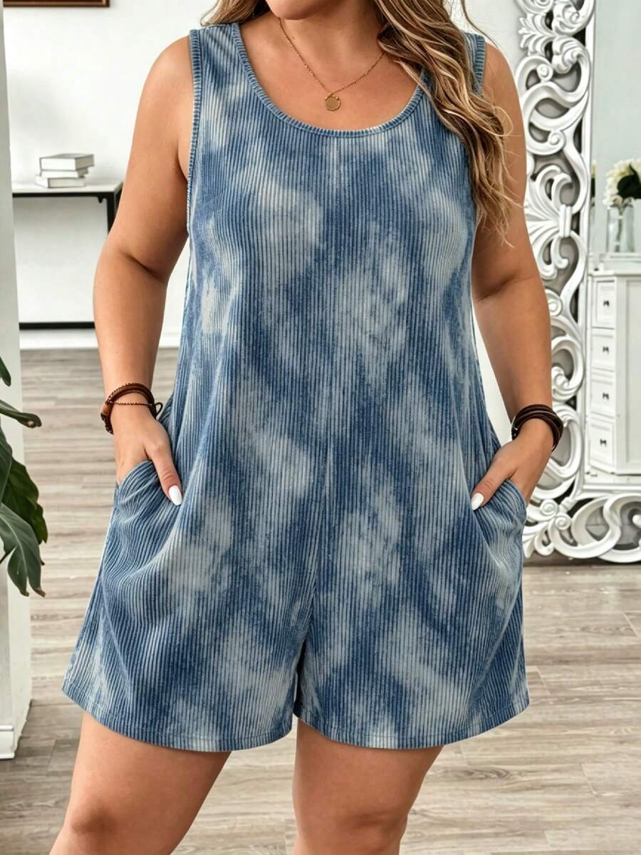 SHEIN LUNE Bộ jumpsuit nữ cỡ lớn kiểu dáng nghỉ hè, chất liệu giả denim kẻ sọc, cổ tròn, có túi, phù hợp cho du lịch, kỳ nghỉ, mùa hè và mặc hàng ngày. - Màu xanh lam - Xem 1