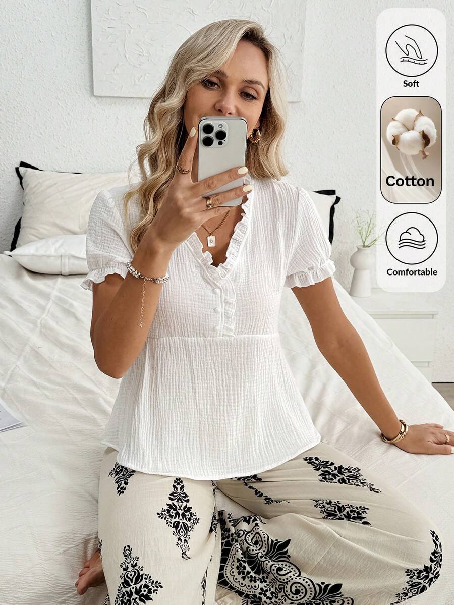 Isle Nomé White Women's Cute V Neck Blouse With Puff Short Sleeves And Ruffle Hem Regular Top - White - View 1