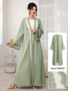 Al Najma Abaya Elegan dengan Dekorasi Renda Bunga, Musim Semi/Panas - Hijau - View 4