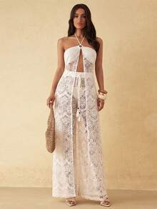 Silquee This Women's Summer Lace Long Camisole And Lace Trousers Set Features A Tassel Pendant And Sheer Design. Perfect For A Relaxed Beach Holiday Vacation Holiday, Its Elegant Boho And Understated Style Makes It An Ideal Choice For A Carefree Beach Trip. Outfit White - White - View 8