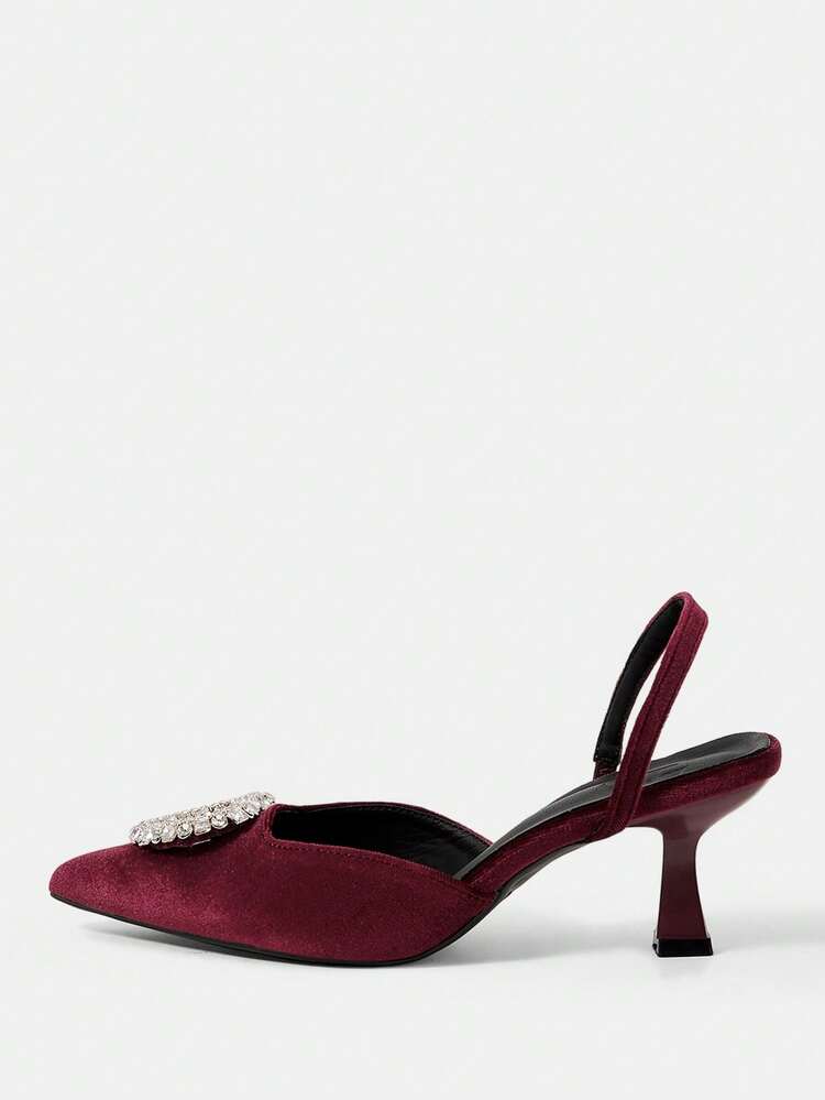 CUCCOO HITCHD Women's Shoes Spring And Summer New Three-Dimensional Heart-Shaped Diamond Buckle Design Pointed Wine Glass Heel Romantic Elegance Temperament Simple Sexy Burgundy Velvet Women's Middle Heel Shoes Slingbacks Dress Shoes Dating Afternoon Tea Party Valentine's Day Elegant Wear