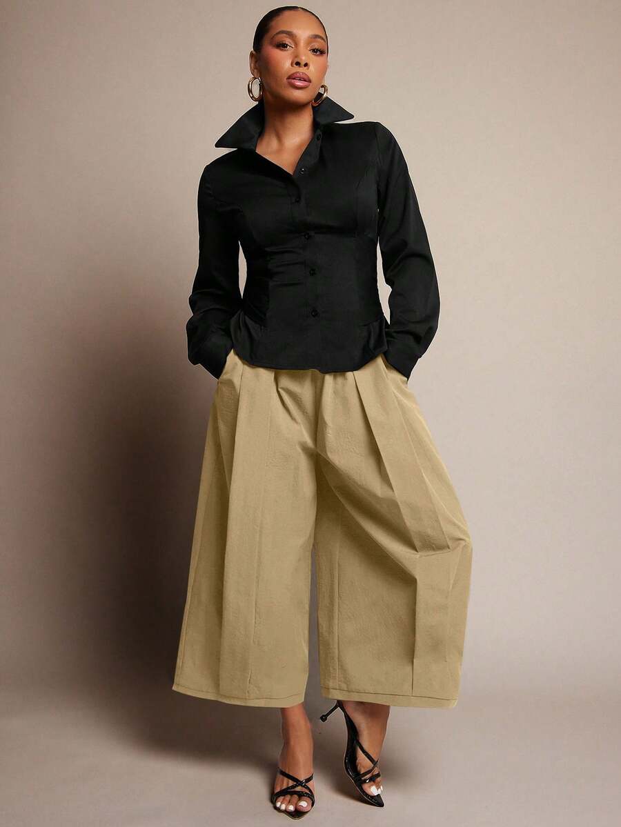 Pantalón culotte de oficina con detalle de panel de cintura elástica - Caqui - Ver 1