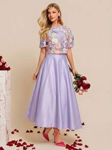 SHEIN Amorya Women's Spring/Summer New Elegant High-End Embroidered Blouse & A-Line Skirt 2-Piece Set - Mauve Purple - View 3