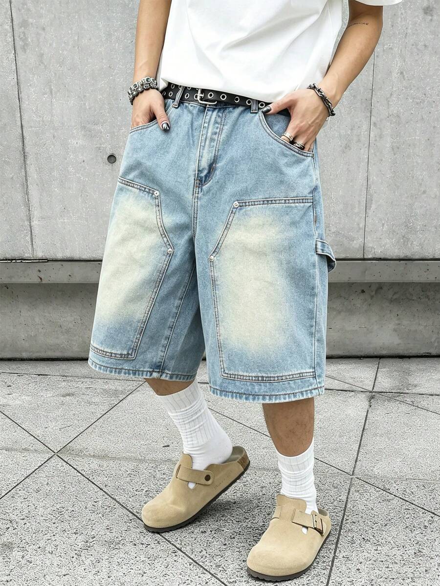 Manfinity EMRG Men's Casual Pocketed Button Denim Shorts, Versatile For Daily Wear - Blue - View 1