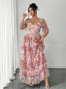 Reflora 大码女式碎花图案甜心领花瓣袖优雅连衣裙 - 粉色 - 查看 9