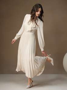 Anewsta Tall Đầm xếp ly cổ nơ thanh lịch dành cho nữ, thích hợp cho trang phục maxi dự tiệc đêm giao thừa. - Màu be - Xem 3
