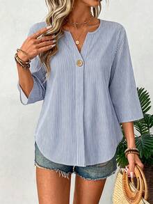 EMERY ROSE Plus Size Women's Casual V-Neck Striped Shirt - Multicolor - View 1