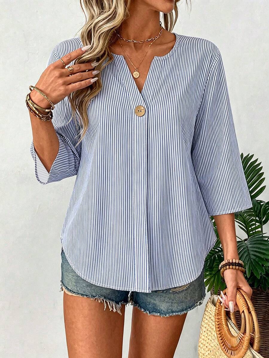 EMERY ROSE Plus Size Women's Casual V-Neck Striped Shirt - Multicolor - View 1